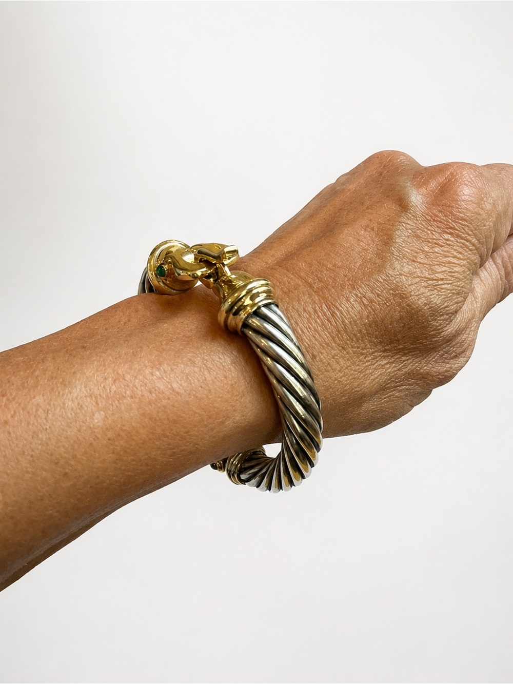 David Yurman Two-Tone Silver and Gold Twisted Cable Bracelet with Green Accent - Picture 7 of 10